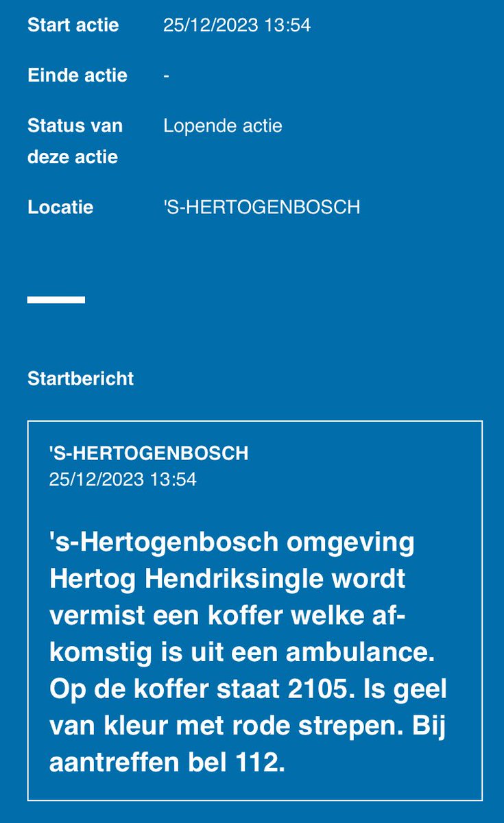 We missen een ALS koffer van één van onze ambulances, mocht je weten waar deze is neem dan contact met ons op via 112 ⁦<a href="/RAVBrabantMWN/">RAV Brabant MWN</a>⁩ ⁦<a href="/VRBrabantNoord/">Veiligheidsregio BN</a>⁩