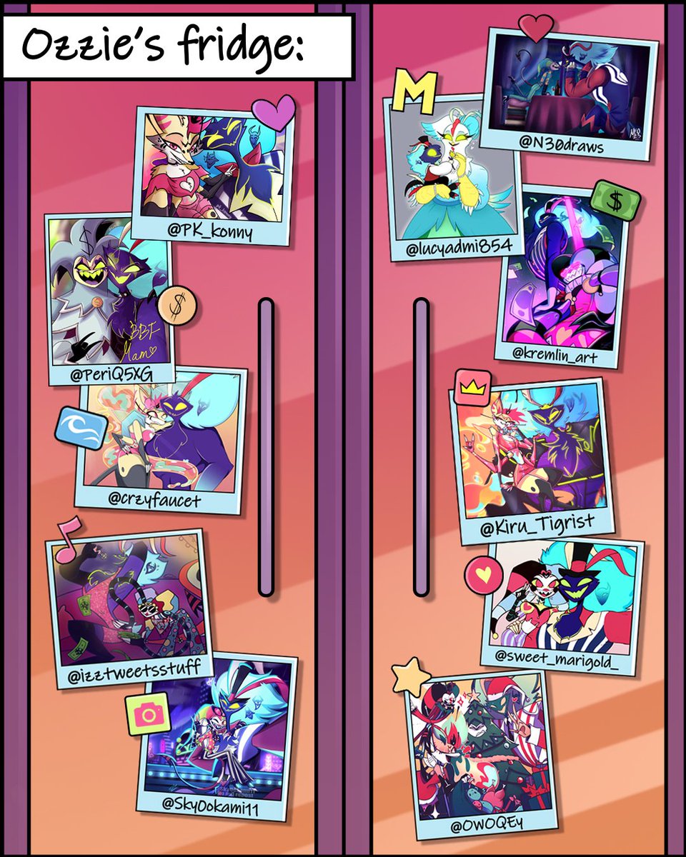 This comic was inspired by the Easter egg of the picture on Ozzie's Fridge in episode 6! 💖
I wanna say a huge thank you to all the talented artists who entrusted me their work and made this collaboration in order to create this fridge full of wonderful memories!!! #HelluvaBoss