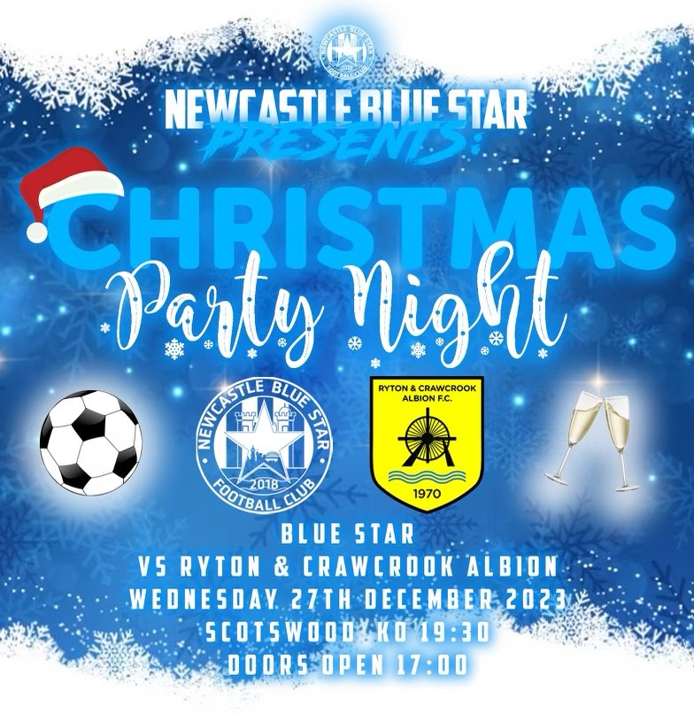 𝙉𝙀𝙓𝙏 𝙐𝙋 | 𝙍𝙮𝙩𝙤𝙣 &amp; 𝘾𝙧𝙖𝙬𝙘𝙧𝙤𝙤𝙠 𝘼𝙡𝙗𝙞𝙤𝙣

Looking to get your footballing fix over the festive period?🎄 

Come watch the lads take on <a href="/RACAFC1970/">RYTON & CRAWCROOK ALBION FC</a> this Wednesday 🔵⭐️

It’s going to be a Christmas cracker 🎅 

#Newcastle #BlueStar