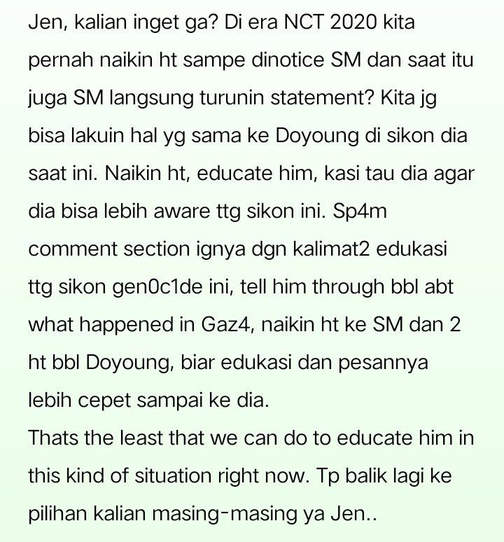 Hai Jenn nct!, aku minta waktunya sebentar untuk baca ini yaa. Again, balik pilihan masing2 yaa guys, if u have the same opinion as me, lets do it together. But if u have different opinion, go ahead and tell us with a kind and wise words yaaa. Thankyou in advance, guys.  (cont..)