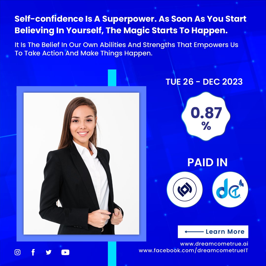 Self-confidence is a superpower. As soon as you start believing in yourself, the magic starts to happen.

When we start believing in ourselves, we unlock our full potential and the magic begins.

Unlock your superpower of self-confidence with us at dreamcometrue.ai

#DCT