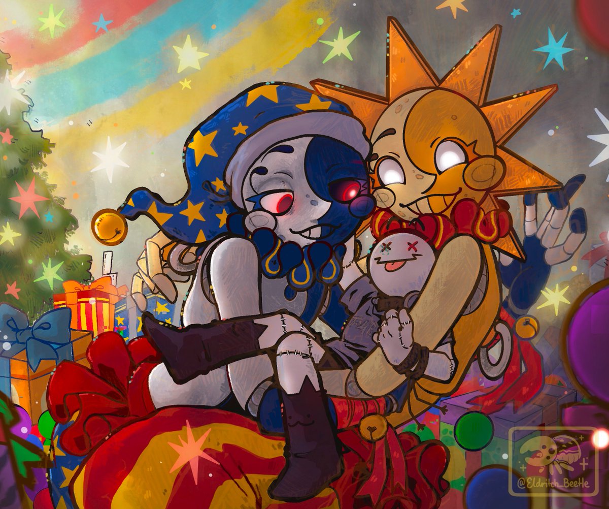 Heya @bean_yui merry Chrysler! I was picked to be your Secret Santa for the event! I had so much fun drawing your OC, Blep, with Sun and Moon. 🌜🌞✨ They got a lot of presents to open this morning too. Hope you like them!❤️💙💛 #WenchFryDCASS23 #moonfnaf #sunfnaf #fnafsb
