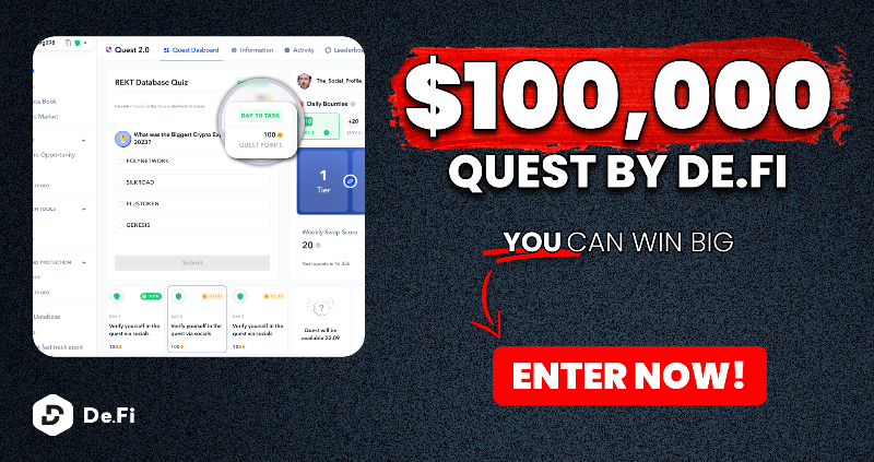 DeFi's tweet photo. 🚨 The inventor of the Largest SocialFi, @DeFi, has just Announced its $100K Quest! 🎁 #de_fi

So here's the fastest way to earn the most XP Points to score the highest prize:

• Swap at least $5 - $10 daily
• Log in daily to claim 100 XP
• Start now, to score more points!