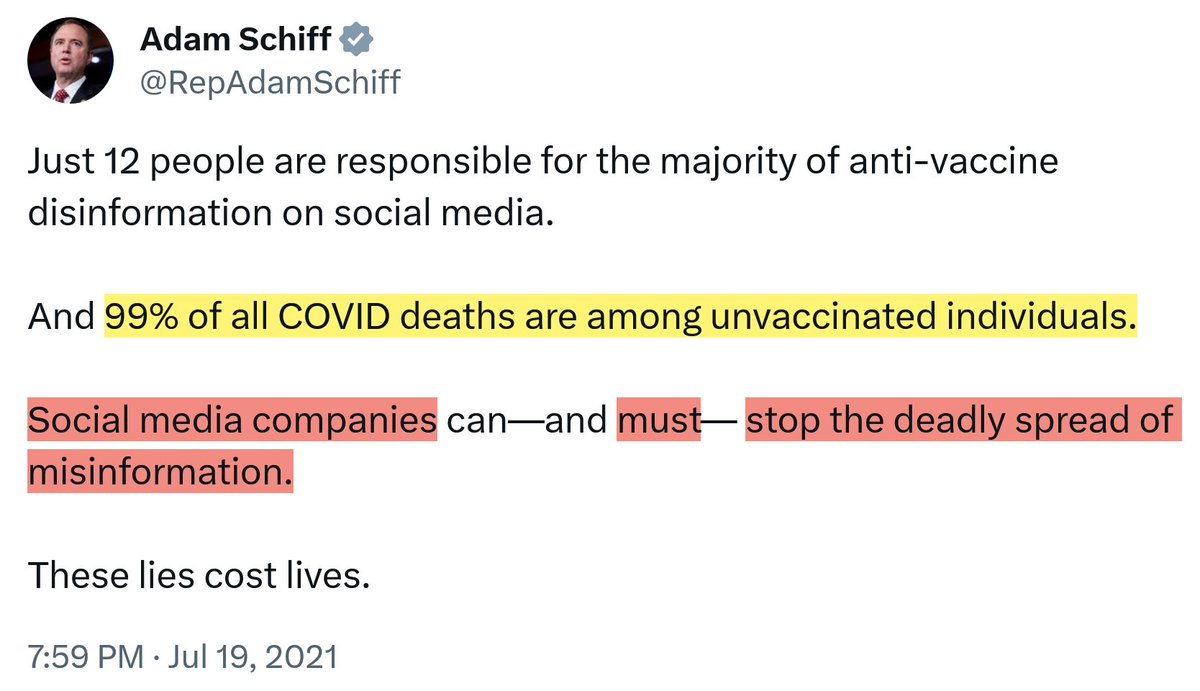 Hey, @RepAdamSchiff. You claimed that almost exclusively the unvaccinated died from Covid and demanded the suspension of social media accounts of those who disagreed. In hindsight, we were right. Please be consistent and delete your account for spreading deadly misinformation.