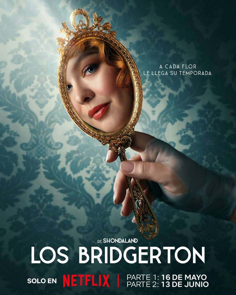 NetflixES's tweet photo. Cada espejo cuenta una historia... Y la de Penelope Featherington es una que no nos podemos perder. #BridgertonNetflix vuelve el 16 de mayo con la parte 1 y el 13 de junio con la parte 2. https://t.co/1aJ8nSAS0o