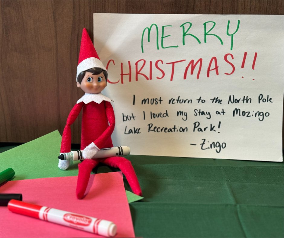 Zingo the Elf 🎄 wishes everyone a Merry Christmas as he returns to the North Pole. We all at Mozingo Lake Recreation Park wish you a Merry Christmas and Happy Holidays! 🌟🎅