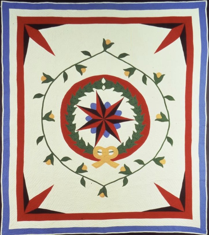 Merry Christmas from AFAM! ❤️🎄🎁 🎀 Artist unidentified, Compass and Wreath Quilt, Pennsylvania, United States c. 1930–1935. Cotton with cotton embroidery, 88 3/4 × 78 1/2'. Collection American Folk Art Museum. Gift of Shelly Zegart, 1994.12.2. Photo by Geoffrey Carr. ⁠