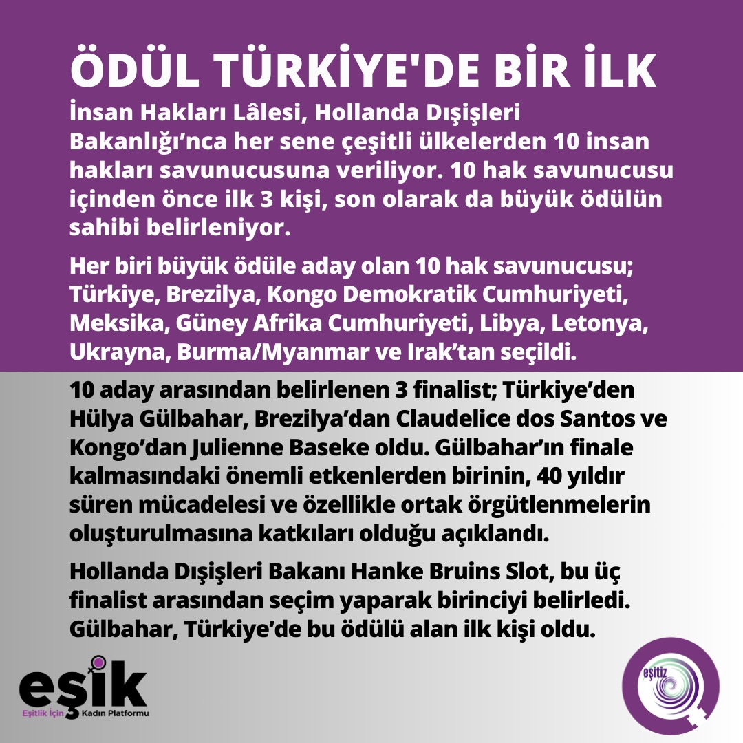 esik_platform's tweet photo. 📢 Eşitlik mücadelesinin en zor yıllarından 2023’ü geride bırakırken yeni yıl armağanımız; Hülya Gülbahar’a verilen İnsan Hakları Lalesi Ödülü
📌 Basın bülteni 👇🏾
https://t.co/zcJnuxGDIw
@hlyglbahar @esitiz https://t.co/xrwFi94ad4