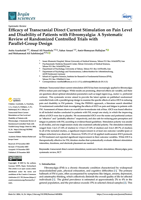 The last published article of 2023:
Efficacy of #tDCS on #Pain Level and Disability of Patients with #Fibromyalgia: A Systematic Review of Randomized Controlled Trials with Parallel-Group Design mdpi.com/2614576 #nibs #brainstimulation