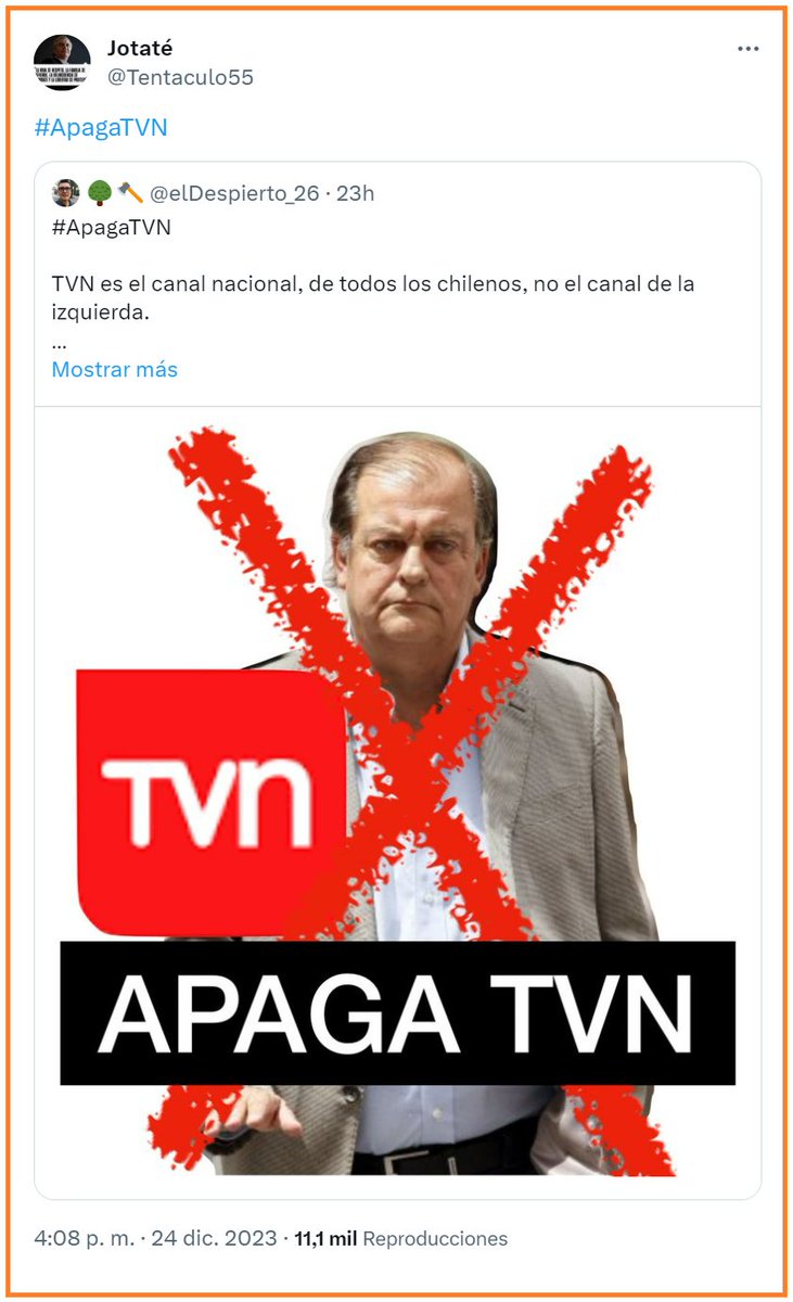 Me gustó mucho esta campaña #ApagaTVN.
Espero la masifiquemos para sacar a los "come impuestos" de la teta del Estado.
Es la única herramienta que tenemos los ciudadanos para protestar contra los abusos de este Gobierno.
<a href="/elDespierto_26/">🌳🪓 Anticomunista Visceral ☭⃠</a>
<a href="/Tentaculo55/">Jotaté</a>