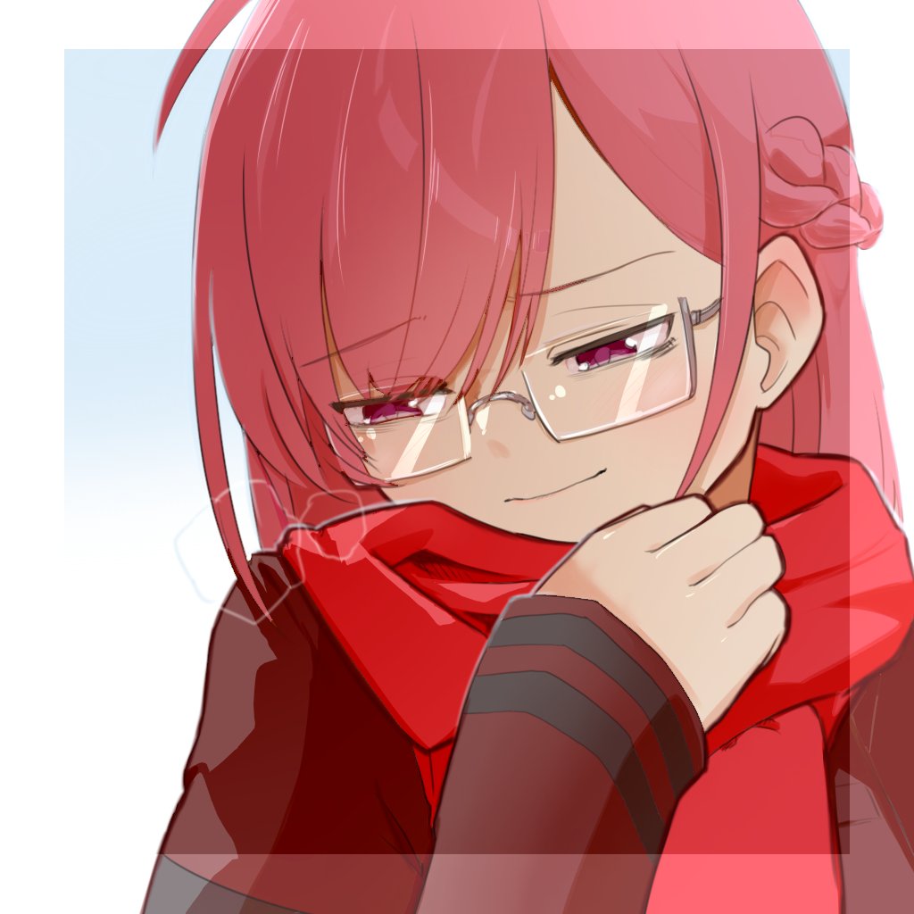 1girl scarf solo glasses red scarf braid smile  illustration images