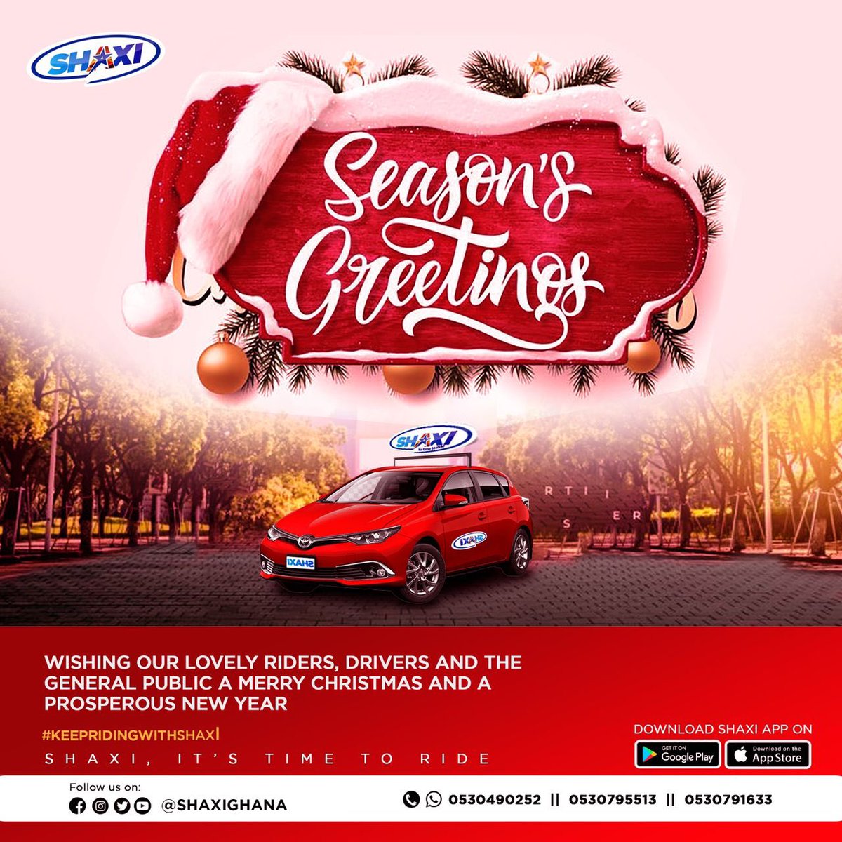 Wishing a Merry Christmas and a Prosperous New Year to our wonderful riders, dedicated drivers, and the entire community! May the joy of the season fill your hearts and may the new year bring you success and happiness. #KeepRidingWithShaxi #shaxighana