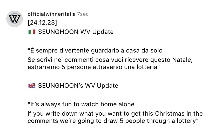 WinnerItalia17's tweet photo. [24.12.23] 
🇮🇹 SEUNGHOON WV Update 

👇TRAD👇

🇬🇧 SEUNGHOON’s WV Update 

👇TRANS👇

- 
~Ila
#WINNER #위너 #HOON #SEUNGHOON https://t.co/7KlLSy6ftz