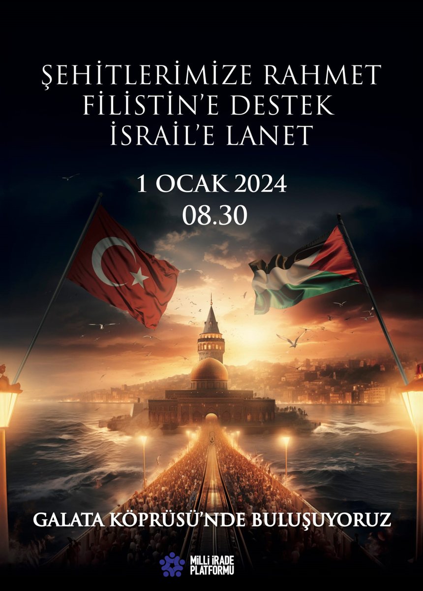 📍 Şehitlerimize Rahmet, Filistin’e Destek, İsrail’e Lanet

“Her eylem yeniden diriltir bizi!” diyerek  tarihi bir çağrı yapıyoruz.

Bu adaletsiz dünya düzenine karşı hakikati hep bir ağızdan haykırmak için buluşuyoruz:

📅1 Ocak 2024 sabahı  8.30’da milletçe Galata Köprüsü’ne