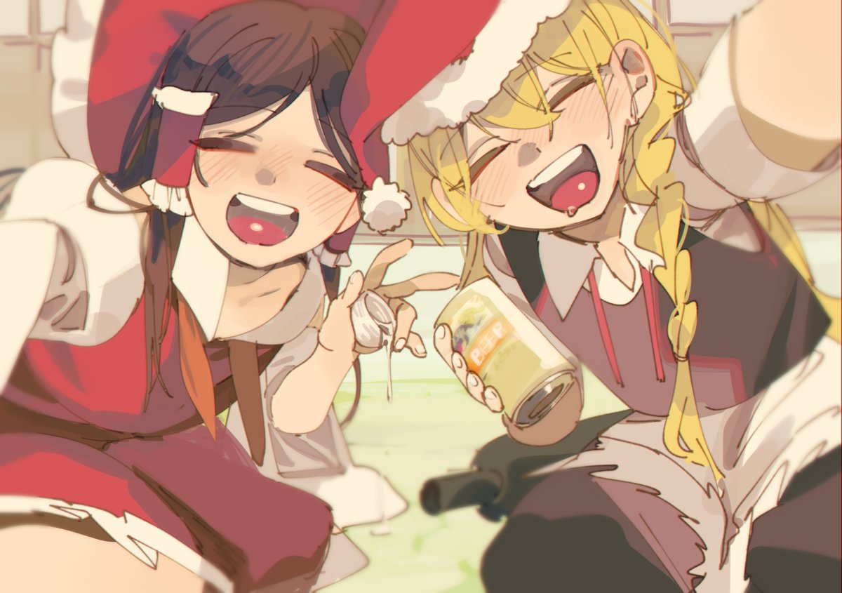 hakurei reimu ,kirisame marisa multiple girls 2girls drunk santa hat blonde hair hat closed eyes  illustration images