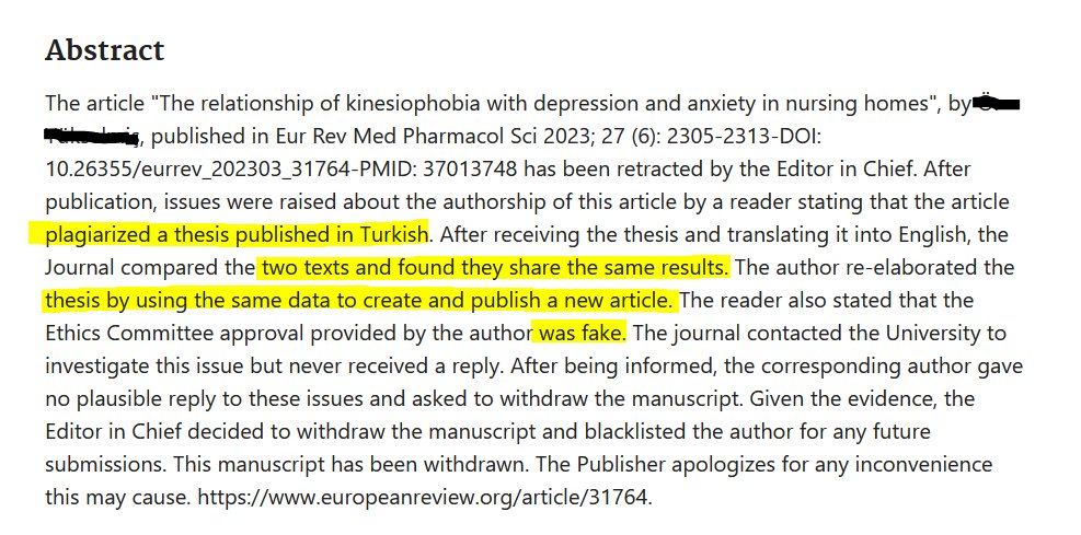 Bir akademisyen Türkçe yazılmış bir tezi İngilizceye çevirerek bir dergide kendi makalesi gibi yayımlıyor.

8 ay sonra gerçek ortaya çıkıyor. Makale iptal ediliyor.