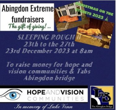 Merry Xmas all 🎄 If you can spare a min please look at what friends at Abingdon Extreme Fundraisers are up to: CHRISTMAS ON THE STREETS 23rd-27th Dec living/sleeping rough, while fasting, to raise 💵 to support numerous community based charities. justgiving.com/page/paul-blai…