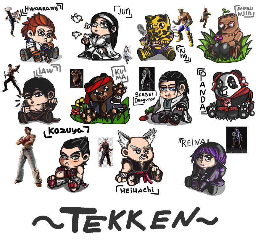 #Reina #Panda #King #Marshall #Law #MarshallLaw #hwoarang #Hwoarang #Sergei #Dragunov #SergeiDragunov #HeihachiMishima #Heihachi #Mishima #Jun #Kazama #JunKazama #Kazuya #Mishima #KazuyaMishima #Mokunjin #Kuma #Tekken #TEKKEN7 #TEKKEN8 #TEKKEN #chibiart