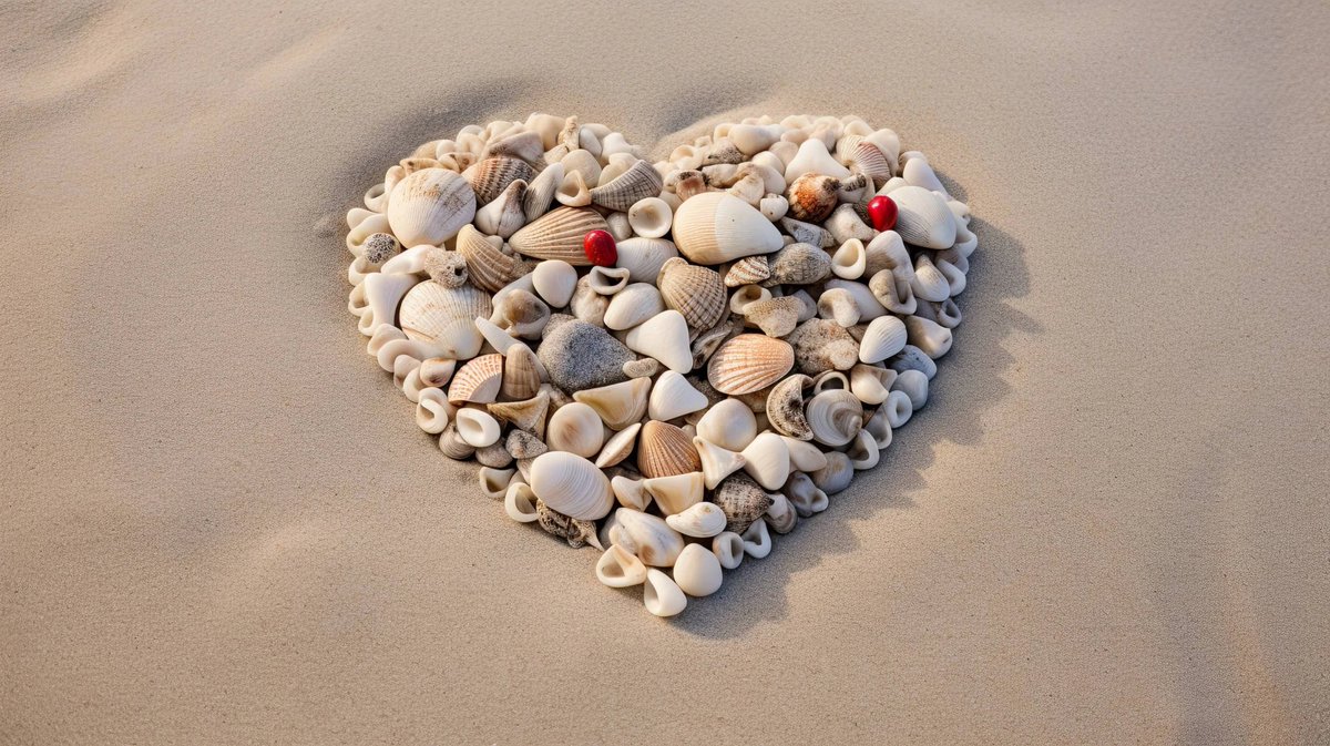 Check out this stunning AI-generated art piece! Can you believe this heart shape is made entirely out of seashells on a sandy beach? The possibilities with AI art are endless. #AIart #seashellart #creativeAI