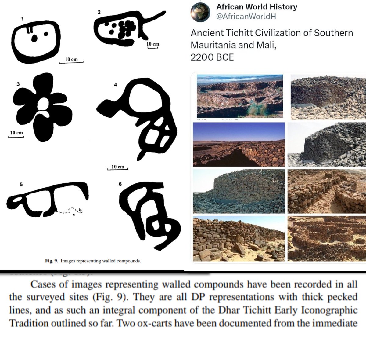 Ancient West African architects of Tichitt mapped the layout of the stone settlements they built, recorded on rock art. (DP)

Two rock art periods can be  distinguished, the earliest labeled 'DP' belongs to the Mande founders and the later 'LP' associated with incoming Berbers.