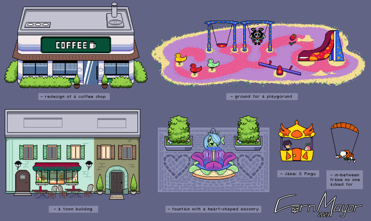 As an artist, I didn't do much for <a href="/Underevent2020/">Officer PIPE the UTTP</a> tbh, but it was fun to remember how pixels work!

Some of the fragments were not made by me (like a cabin for the ferris wheel) so I marked my contribution.