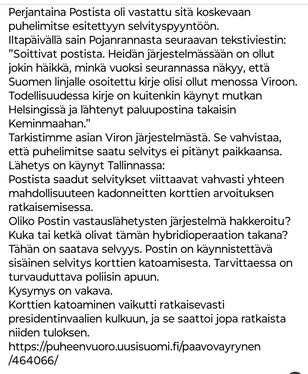 petteri_vaara's tweet photo. Paavo Väyrynen :
"Hakkeroitiinko Postin vastauslähetysten järjestelmä?"

Tottakai sabotoitiin.
Rehellisiä vaaleja Suomessa ei tule enään koskaan olemaan.
Korruptoituneella törkeitä perusruslakirikoksia useita masinoineella valtakoneistolla ei ole varaa 

https://t.co/fCuX2j2cQn https://t.co/NZXrrRL0cZ