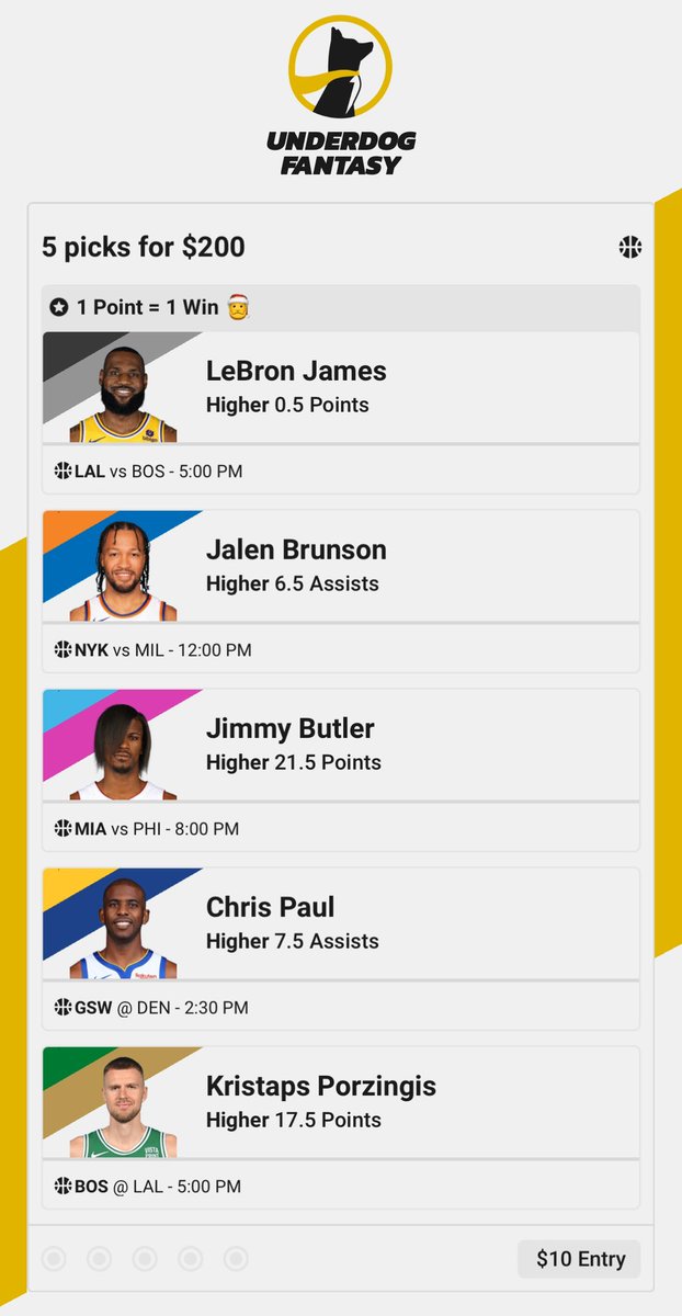 MERRY CHRISTMAS 🎄

A full day of elite NBA matchups 👀

A gift from the Underdog x SIDELINE family ⤵️

LeBron OVER .5 points 🎁

Use code “SIDELINE” or sign up here: play.underdogfantasy.com/p-sideline