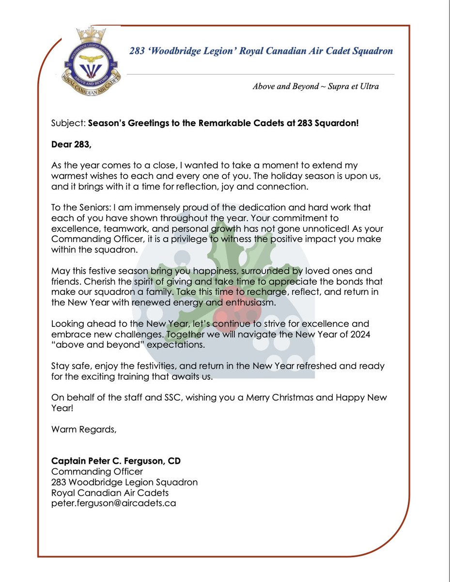 On behalf of the 283 staff and SSC , wishing you a Merry Christmas and Happy New Year!
#SeasonsGreetings #HappyNewYear #AirCadets #283AirCadets #Cadets #RoyalCanadianAirCadets #Vaughan #Maple #Woodbridge #Kleinburg #aboveandbeyond