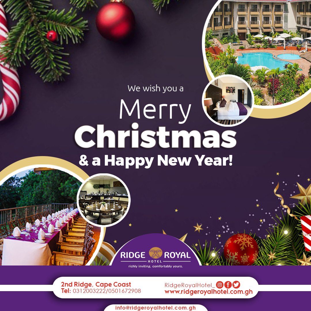 We wish you a Merry Christmas and a Happy New Year!
#RidgeRoyalHotel: richly inviting, comfortably yours. #CapeCoast #eventsatRidgeRoyalHotel #Hotelsincapecoast #decemberingh #christmasinghana #hotelevents #ghanavisa #luxurylifestyle #luxuryhotel #merrychristmas🎄