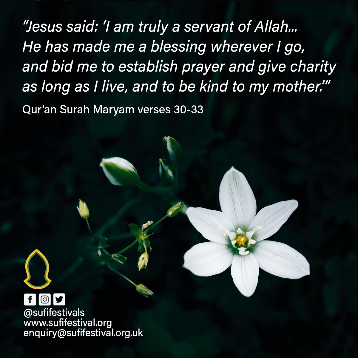 SufiFestivals's tweet image. For Muslims, Prophet ‘Isa (Jesus, peace be upon him), is honoured as a great prophet and a “word from God” (Qur’an 3:45).

We pray that peace may come soon to the birthplace of Jesus, ‘alayhi salam - ameen!

#prophetisa #isaalayhisalaam #quranquote #jesusinislam #sufifestival