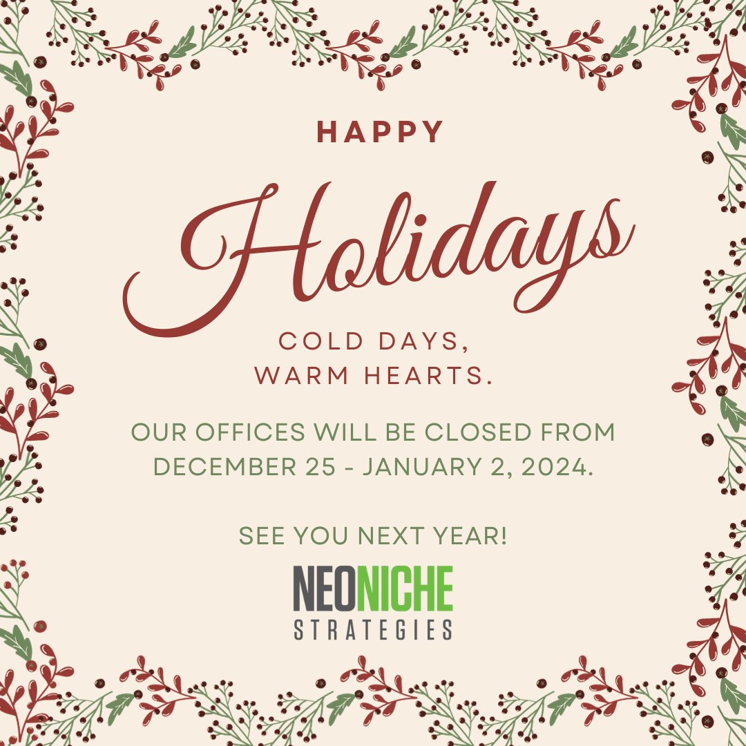 neoniche's tweet photo. Wishing you happy holidays and a happy new year! Our offices will be closed from December 25-January 2, 2024. We'll see you in the new year!🎇 https://t.co/y1MO1VIher