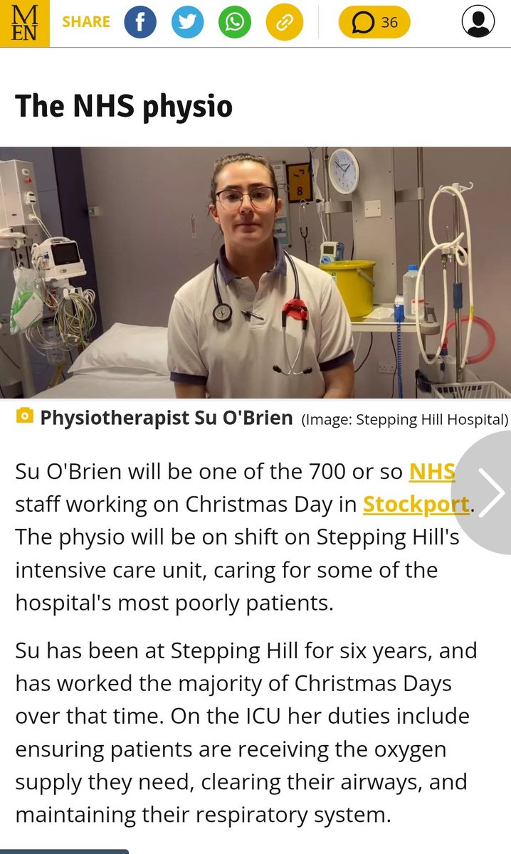 Thank you to all the staff working across the Trust during the festivities, especially our Clinical lead Physio Su O Brien. Featured in the M.E.N today for the work on ICU and across the hospital.  #NHSHeros