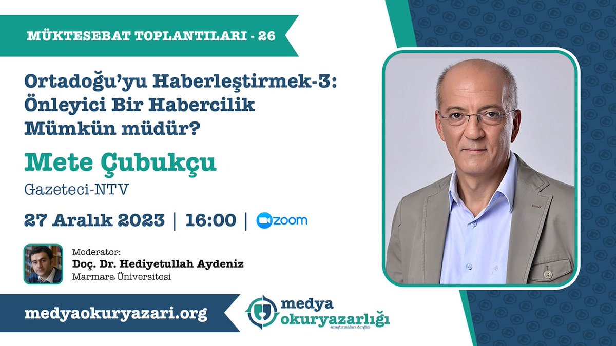 Türkiye ve Ortadoğu'daki habercilik sektörünün haber pratikleri ile savaş, işgal ve soykırım özelinde önleyici habercilik arayışını gündem edeceğimiz toplantı serimizin 3.oturumunda <a href="/metecubukcu/">Mete Çubukçu</a> konuğumuz olacak.
▶️Kayıt olmayı unutmayın:
us06web.zoom.us/meeting/regist…… #habercilik