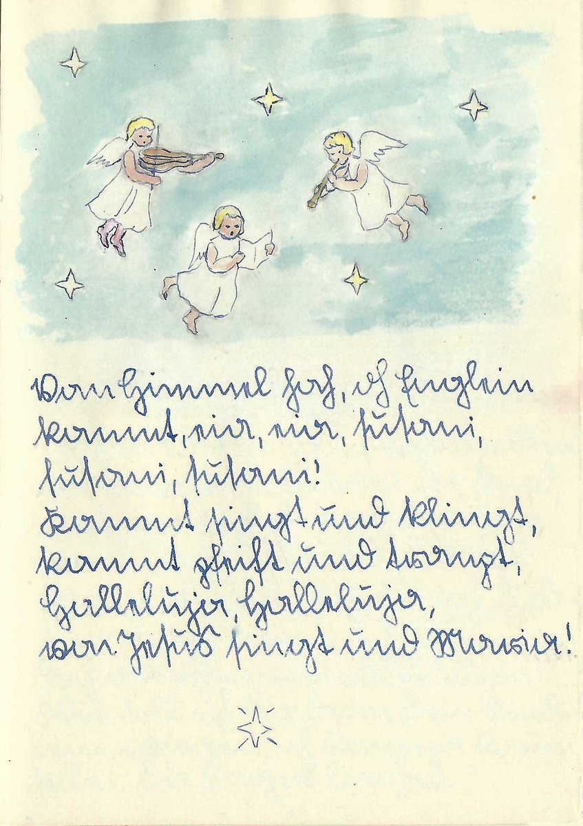 Dave_Lifelines's tweet photo. When my mother-in-law was about twelve, she made a book of 'Weihnachtslieder' for her Großmutti. The illustrations are as beautiful as the day she painted them nearly 85 years ago... https://t.co/t1uHRf0krs