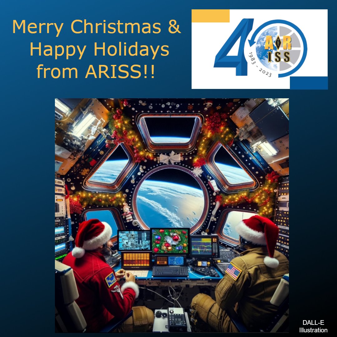 ARISS - Amateur Radio on the ISS (@ariss_intl) on Twitter photo Merry Christmas and Happy Holidays around the world from all of us at Amateur Radio on the International Space Station.
For our holiday image we asked DALL-E to imagine a special #HamRadio station with SSTV in the cupola of the <a href="/Space_Station/">International Space Station</a> Enjoy! Merry Christmas and Happy Holidays around the world from all of us at Amateur Radio on the International Space Station.
For our holiday image we asked DALL-E to imagine a special #HamRadio station with SSTV in the cupola of the <a href="/Space_Station/">International Space Station</a> Enjoy!
