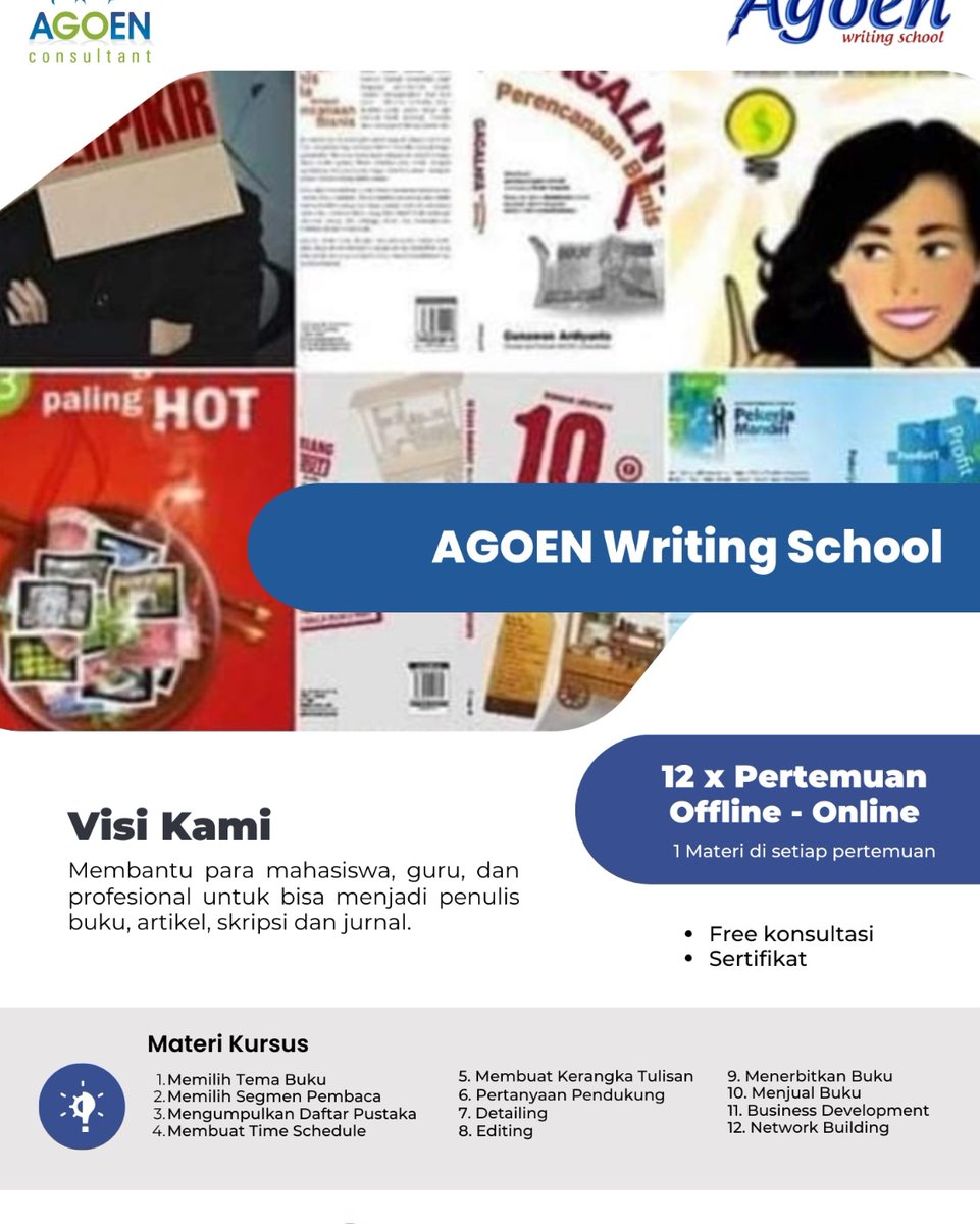 Agoen Writing School

#writing 
#writingskills 
#writingskill 
#penulisbuku 
#penulisartikel 
#penulisjurnal 
#skripsi
#menyusunskripsi
#menulisskripsi
#copywriting 
#copywritingtips 
#penerbit
#penerbitindie 
#penerbitbuku 
#karawang

Agoen 0812.5482.1988