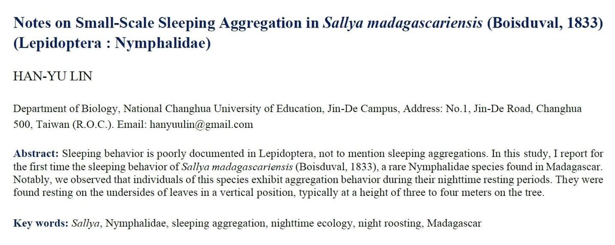 Hanyuu_lin's tweet photo. Merry Xmas

This is my new paper, which presents the Small-Scale Sleeping Aggregation behavior of a rare butterfly species from Madagascar.

https://t.co/PZUGiPFTXK

#Madagascar #butterfly #rare #paper 
#Xmas #Xmas2023 #ecology #biology 
#insect https://t.co/Hw5v2MD7ew