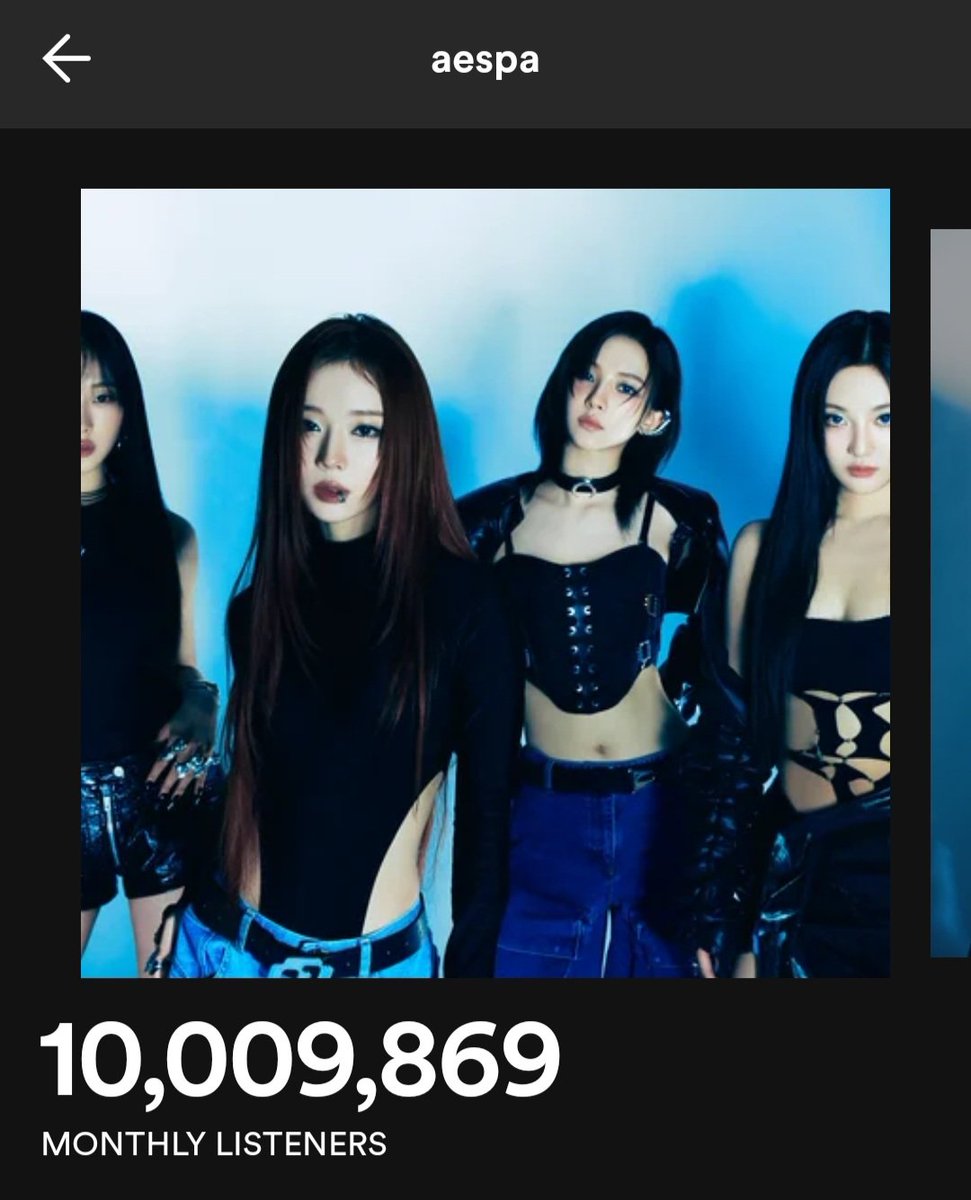 .<a href="/aespa_official/">aespa</a> have reached a new peak of 10,009,869 (+63,401) monthly listeners on Spotify 🎉

Highest peak by an SM act on the platform.