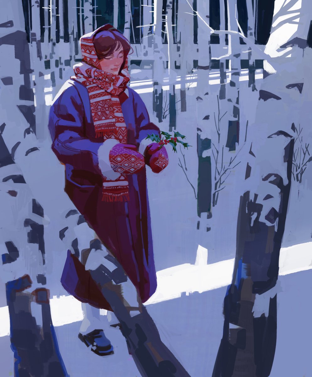 1girl scarf solo snow coat tree mittens  illustration images