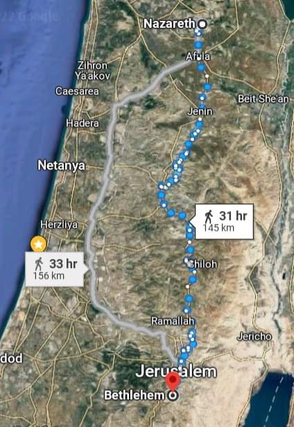 web_pastor's tweet photo. Esta fue la distancia que recorrieron María y José desde Nazaret a Belén para el censo ordenado por el emperador. En ese contexto María dio a luz al Redentor del mundo https://t.co/fAtUbFjOdA