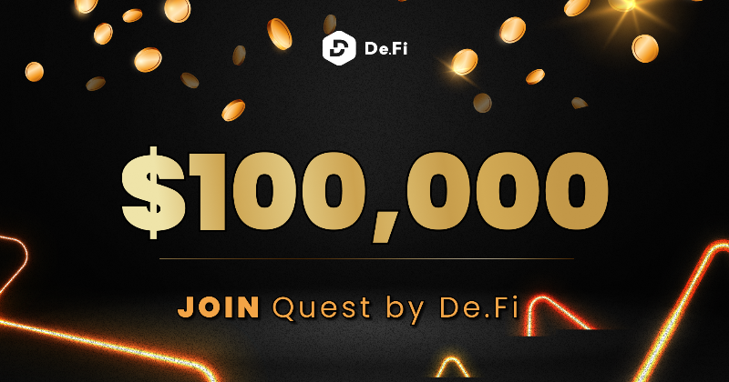 DeFi's tweet photo. 🚨 Being in the project EARLY is what gets rewarded the most in web3!

@DeFi has just launched a $100K QUEST, being early in which will allow you to score the MOST points possible!

And score the GRAND PRIZE: win up to $100K! 🎁

Few weeks left! Start now! 👇  #de_fi