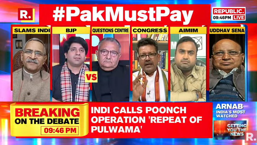 republic's tweet photo. #PakMustPay | The BJP and Congress are getting distracted. It is time to hold the government accountable: Syam Prasad Meka, Leader, Congress
Tune in for The Debate and fire in your views with the hashtag - https://t.co/W1imJqHMqW
#Poonch #Kashmir #JammuAndKashmir #Article370 https://t.co/kc1WU67sXA