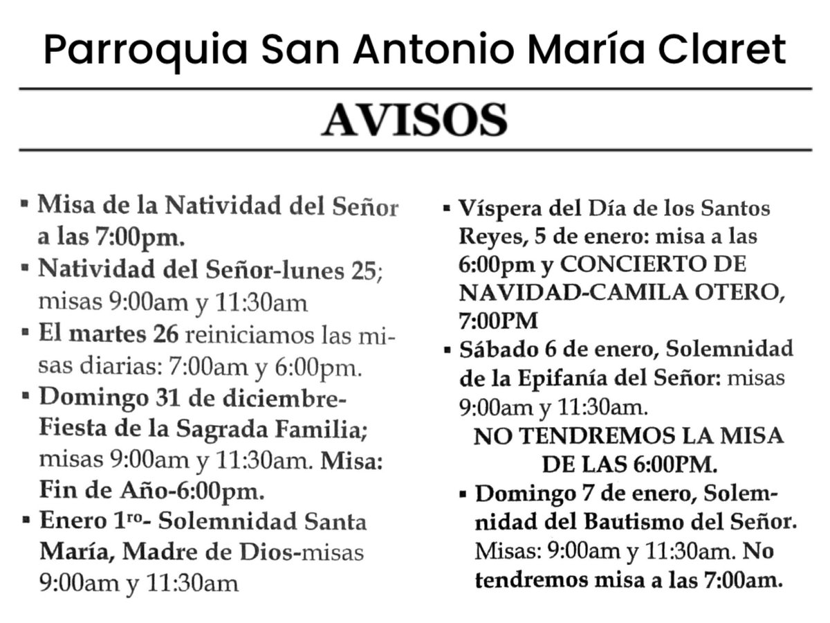 pclaretpr's tweet photo. Avisos Parroquiales
Domingo, 24 de diciembre de 2023 https://t.co/rJpHR3vLRn