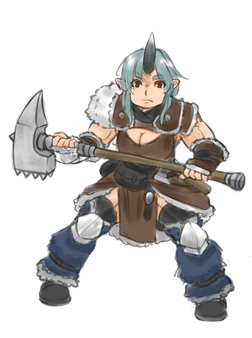今日はオリジナル種族の女戦士(身長220㌢体重170㌔30才) 種族の特徴として角が生えて大柄で筋肉質で力持ちで気が荒い。やや不器用で肉はほぼ食べない大型草食獣のような人達。