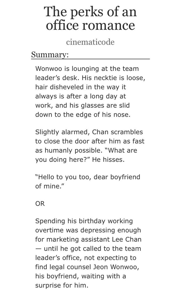 cinematicode's tweet photo. — The perks of an office romance

❦ wonchan | complete
❦ au - office
❦ legal counsel wonwoo
❦ marketing assistant chan
❦ established relationship, birthday fluff

🔗 https://t.co/xjtyNh0WgT https://t.co/fsvwSTNYTF