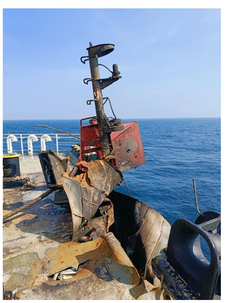 seaandcoast1's tweet photo. *PRELIMINARY ASSESSMENT OF ATTACK ON MV CHEM PLUTO : INDIAN NAVY 

MV Chem Pluto, (Liberian Flag Chemical/lOil Tanker), carrying 21 Indian and 01
Vietnamese crew, earlier reported as attacked by suspected drone on 23 Dec 23, *reached Mumbai* and anchored safely at Outer Anchorage off Mumbai at *1530hr on 25 Dec 23*.

*On her arrival, the Indian Navy Explosive Ordnance Disposal team inspected the vessel to make a preliminary assessment of the type and nature of attack.*

*Analysis of the area of attack and debris found on the ship points towards a drone attack*. However, *further forensic and technical analysis will be required* _to establish the vector of attack_, including type and amount of explosive used.

A *Joint Investigation* by various agencies has *commenced on completion of the analysis by the Navy's Explosive Ordnance Team*.

MV Chem Pluto has been cleared for further operation by her company-in-charge
at Mumbai.

The ship is scheduled to undergo mandatory checks by the various inspecting
authorities before undertaking Ship to Ship (STS) transfer of cargo.

This is likely to be followed by docking and repairs of the damaged portion
of MV Chem Pluto. 

*Considering the recent spate of attacks in the Arabian Sea, Indian Navy has deployed Guided Missile Destroyers, INS Mormugao, INS Kochi and INS Kolkata (Guided Missile Destroyers) in various areas to maintain a deterrent presence*. 

Long-range maritime reconnaissance P8I aircraft are being regularly tasked to maintain domain awareness.

Western Naval Command's Maritime Operations Centre is actively monitoring the situation in close coordination with Coast Guard and all concerned agencies.