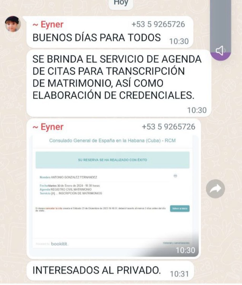 Continúa negocio de citas por vínculos de personal que trabaja en el <a href="/ConsEspLaHabana/">ConsEspLaHabana</a> con informáticos y gestores. ¿Cómo es posible que no se visualizaron hoy citas y luego aparezcan agendadas con fechas que difieren?¿Papel de la <a href="/policia/">Policía Nacional</a> en el Consulado? <a href="/CGCEE_VIII/">Consejo General Ciudadanía Española en el Exterior</a> <a href="/MAECgob/">Ministerio de Asuntos Exteriores, UE y Cooperación</a>