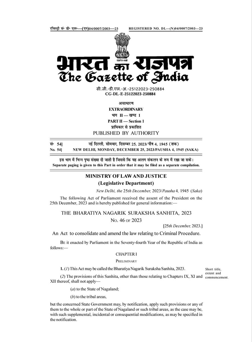 airnewsalerts's tweet photo. President gives assent to the three Criminal Law amendment bills passed by Lok Sabha and Rajya Sabha: 
▪️The Bharatiya Nagarik Suraksha Sanhita, 2023 
▪️The Bharatiya Nyaya Sanhita 2023 
▪️Bharatiya Sakshya Adhiniyam,2023 https://t.co/pyB8WzvJRp
