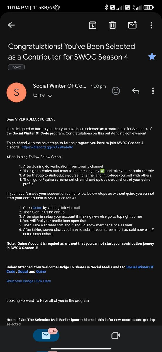 VPurbey123's tweet image. Hey folks,
Got selected as  contributor for Social Winter of Code 4.0
Vey excited for this journey ✨✨🙂
#SWOC
#SocialWinterOfCode
#opensource