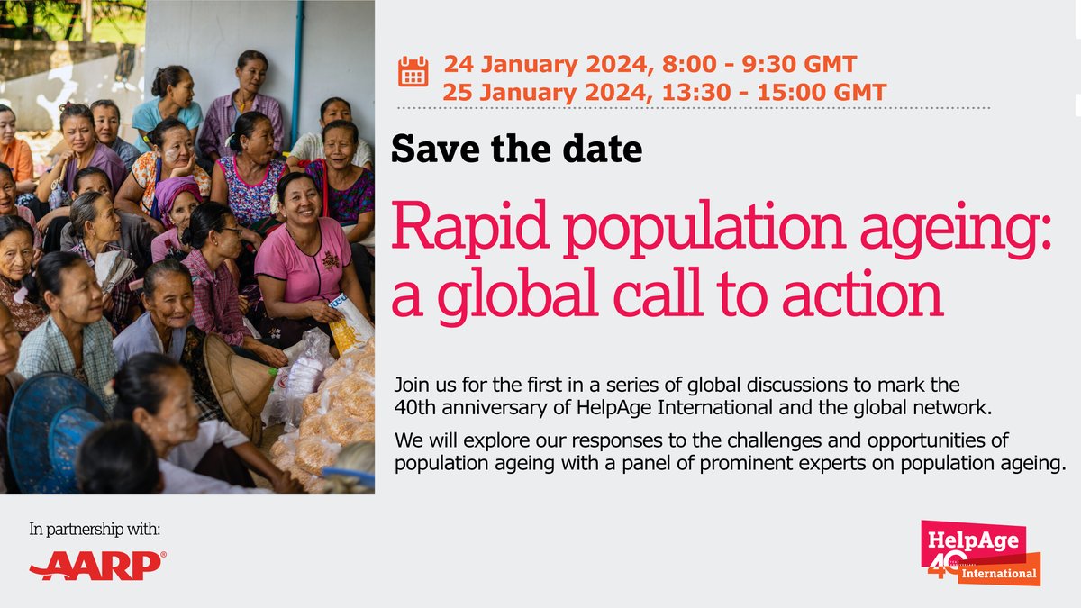 HelpAge's tweet photo. Join us &amp; @AARP to discuss the challenges &amp; opportunities we face with rapid population #ageing.

Register here:
👉 24 Jan - Translation in Russian  
https://t.co/GF7SMfFMHH

 👉 25 Jan - Translation in Arabic &amp; Spanish
https://t.co/cIVjvOKb1K

#HelpAgeAt40 #HelpAgeGlobalNetwork https://t.co/4b3IVBka44